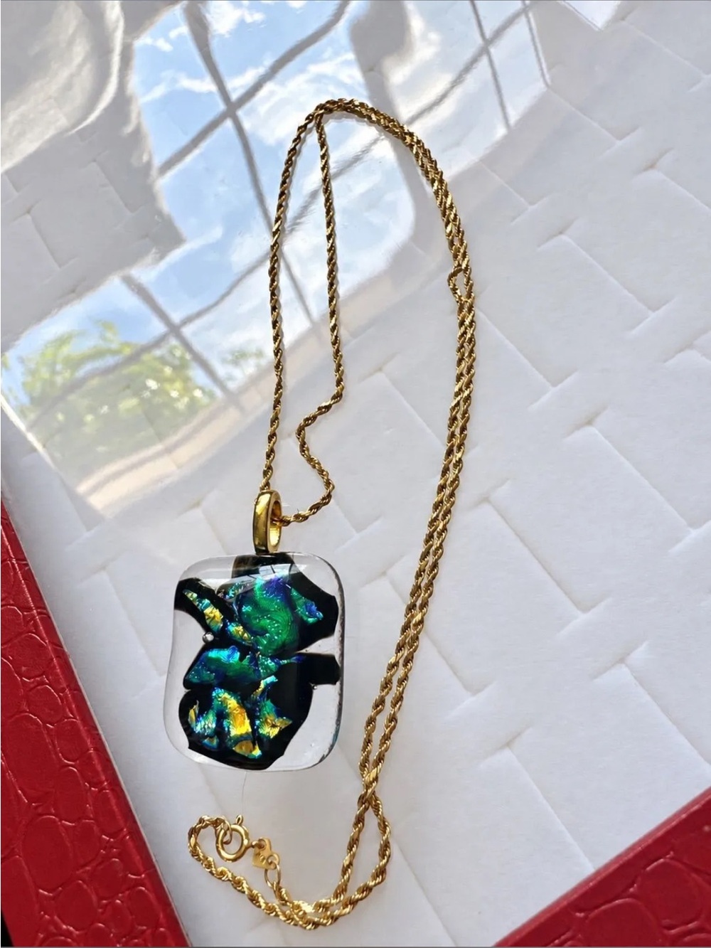 Vintage Art Glass Pendant Necklace with 14K Gold Chain – Green Blue Gold